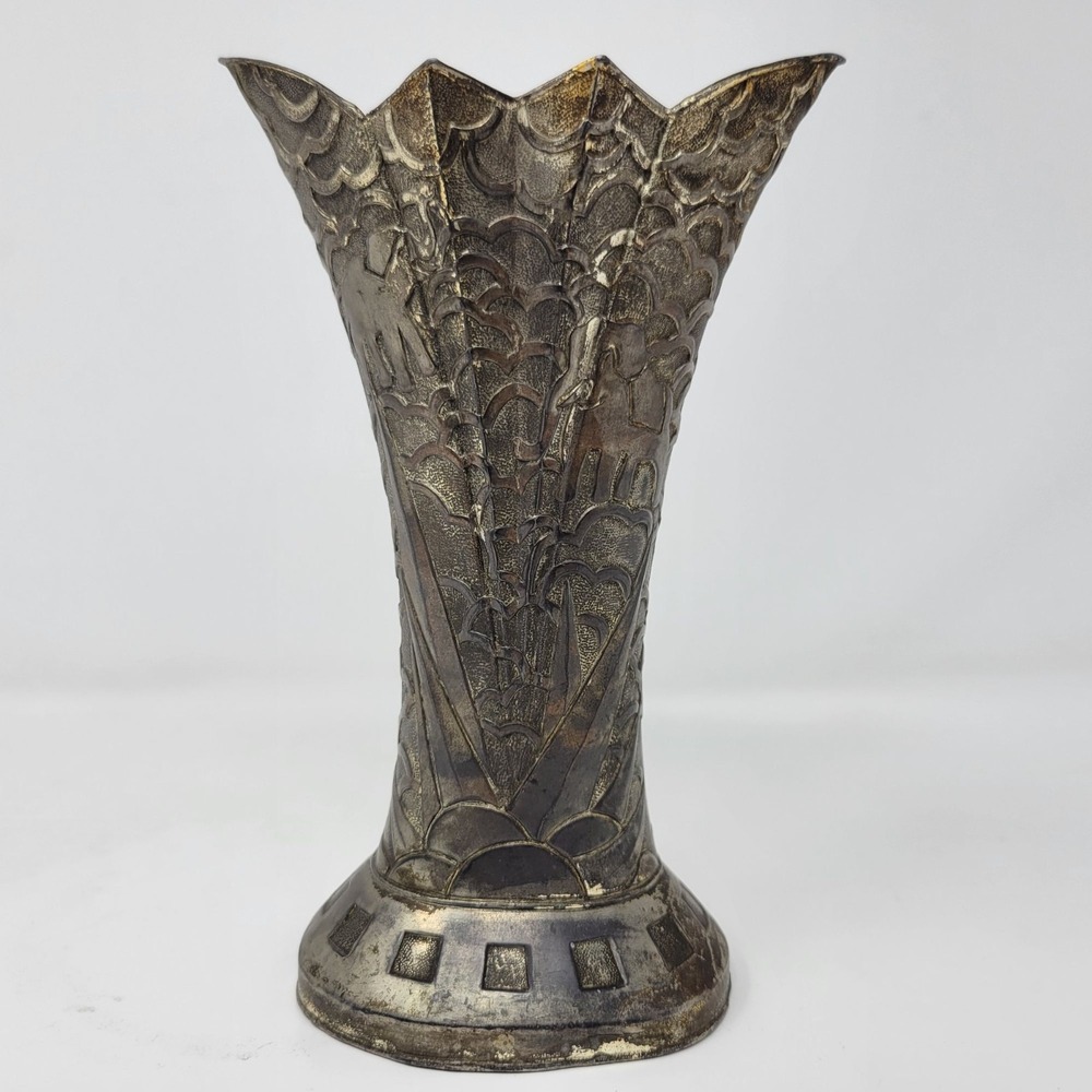 Antique Art Deco Elephant Design Fan Shaped Key Metal 6" Vase‎ Made in Japan